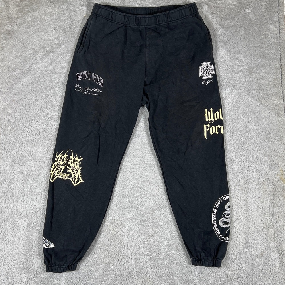 Darc Sport Sweatpants Mens M Black Wolves Graphic Joggers NFGU Streetwear
